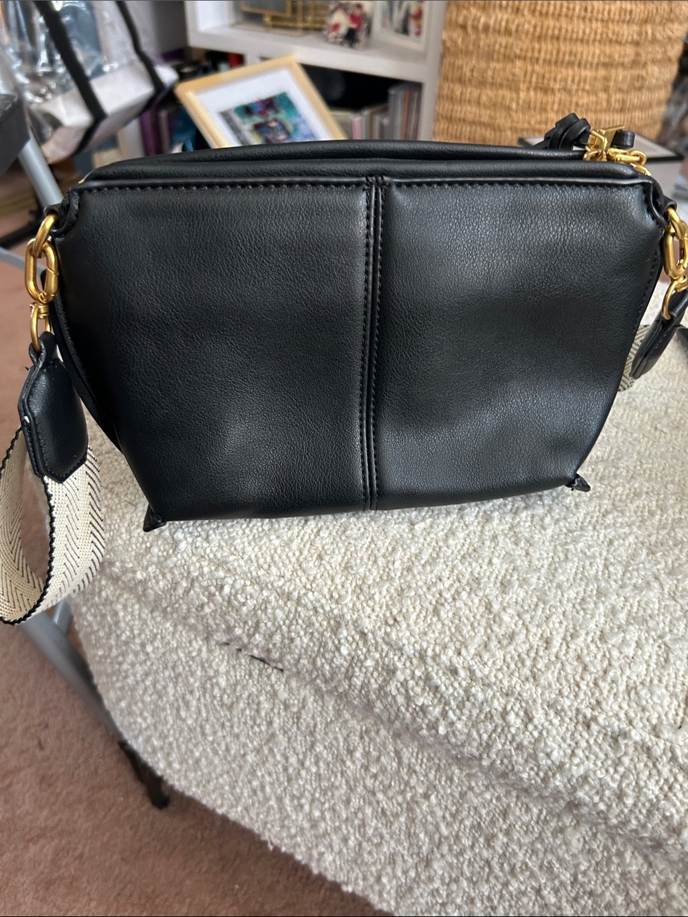 Zara Black Leather Crossbody with Gold Hardware and Contrast Strap